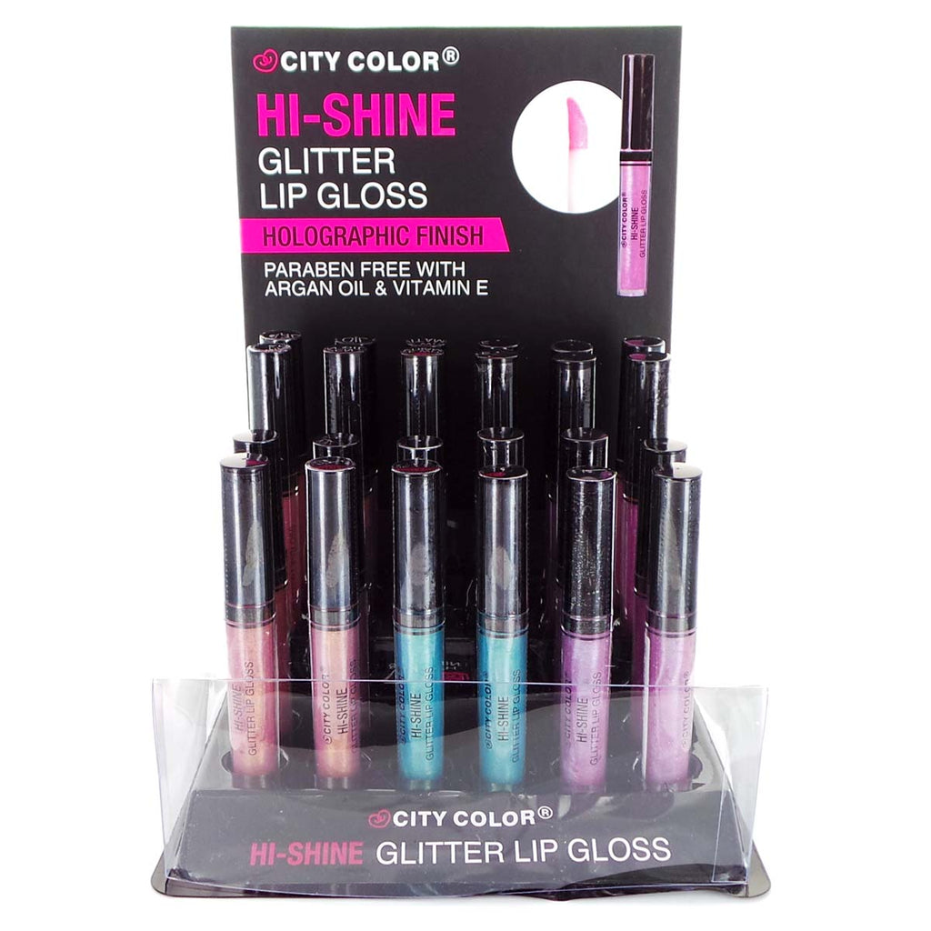 CITY COLOR Hi-Shine Glitter Lip Gloss, Holographic Finish Display Set, 24 pieces