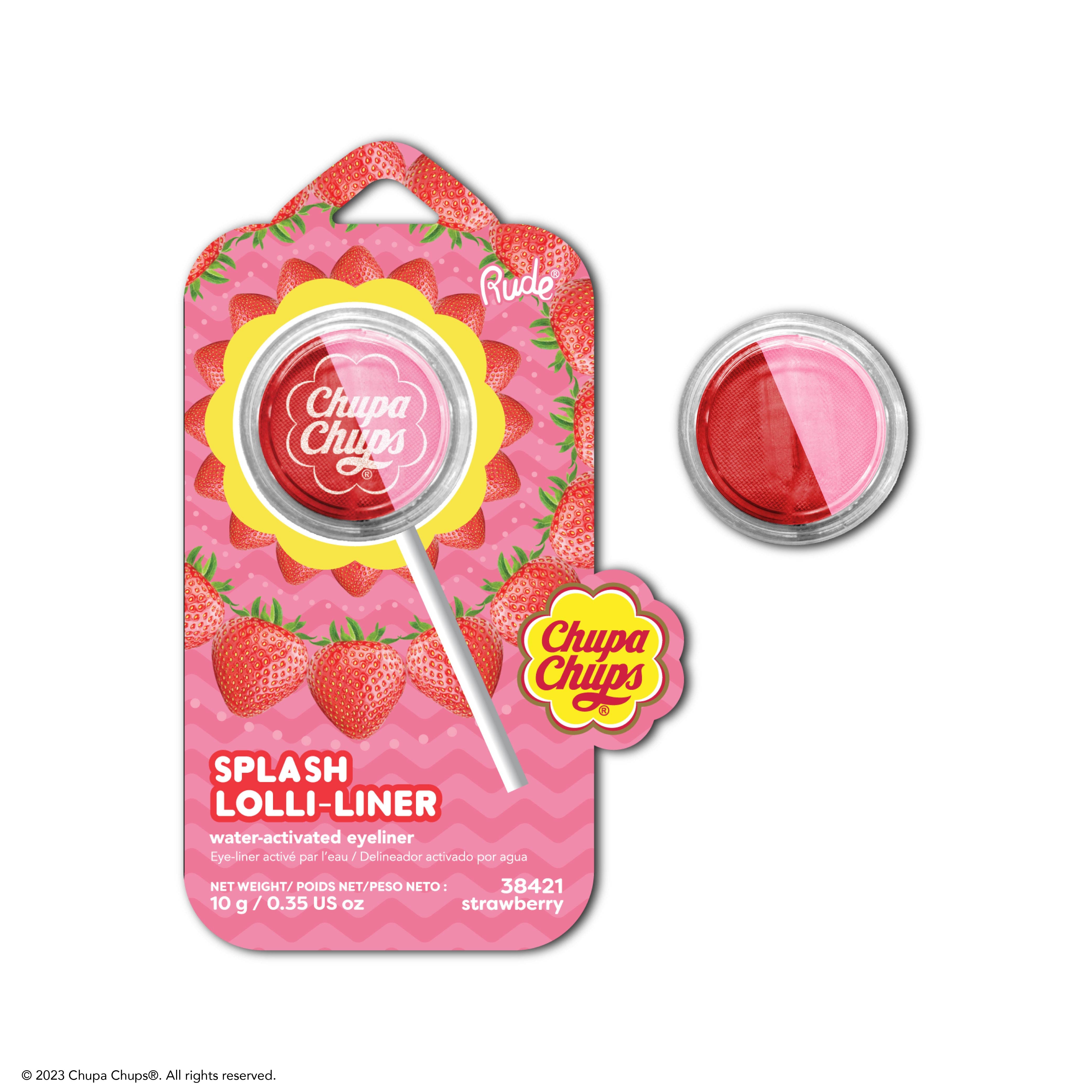 pink and red split eyeliner in container next to pink strawberry product packaging